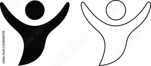 Joyful person icon with raised arms celebrating in black solid and outline style, isolated vector symbol for success, victory, freedom and happiness design