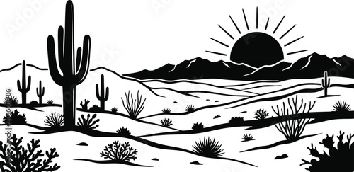 Desert panorama with saguaro cacti and sunburst over mountains.