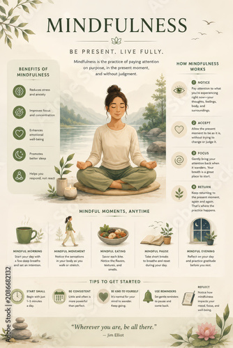 Infographic about Mindfulness - Benefits of Positive Lifestyle - Illustrations explaining how to achieve Mindfulness - Anxiety and Stress Relieve Management - Explanation of Meditation