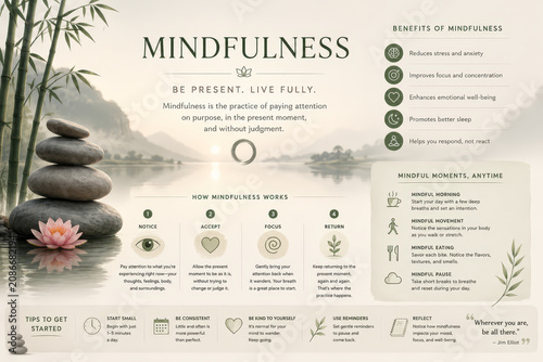 Infographic about Mindfulness - Benefits of Positive Lifestyle - Illustrations explaining how to achieve Mindfulness - Anxiety and Stress Relieve Management - Explanation of Meditation