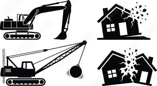 Foto Building Demolition and House Destruction Silhouette Icon Set with Excavator Hea