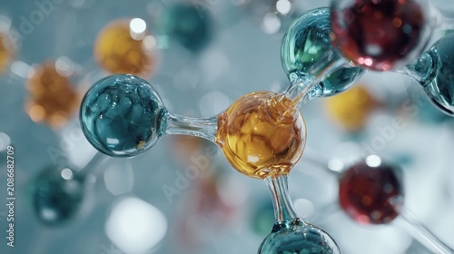 Colorful glass molecular structure on abstract scientific background