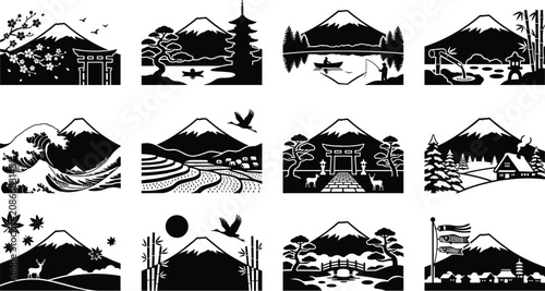Foto Japanese Landscape Vector Illustration Set of Mount Fuji with Traditional Symbols like Cherry Blossoms, Pagodas, Torii Gates, The Great Wave, and Scenic Nature in Black and White Silhouette