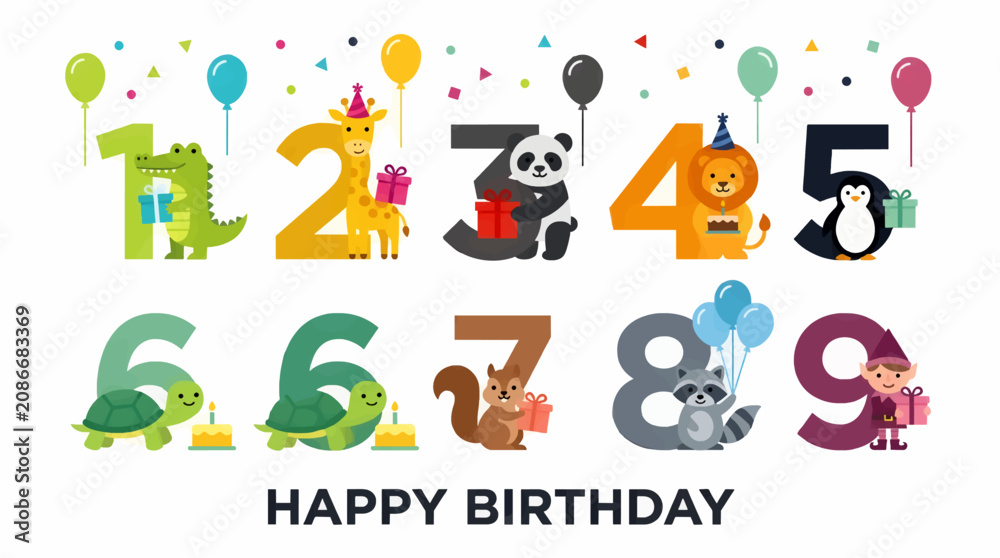 Fototapeta premium Flat Design Numbers 1-9 with Cute Animals and Gifts for Birthday Celebration, Happy Birthday Text, Festive Balloons and Confetti
