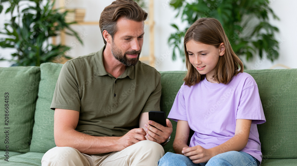 Fototapeta premium Father Giving Smartphone to Daughter for Supervised Screen Time