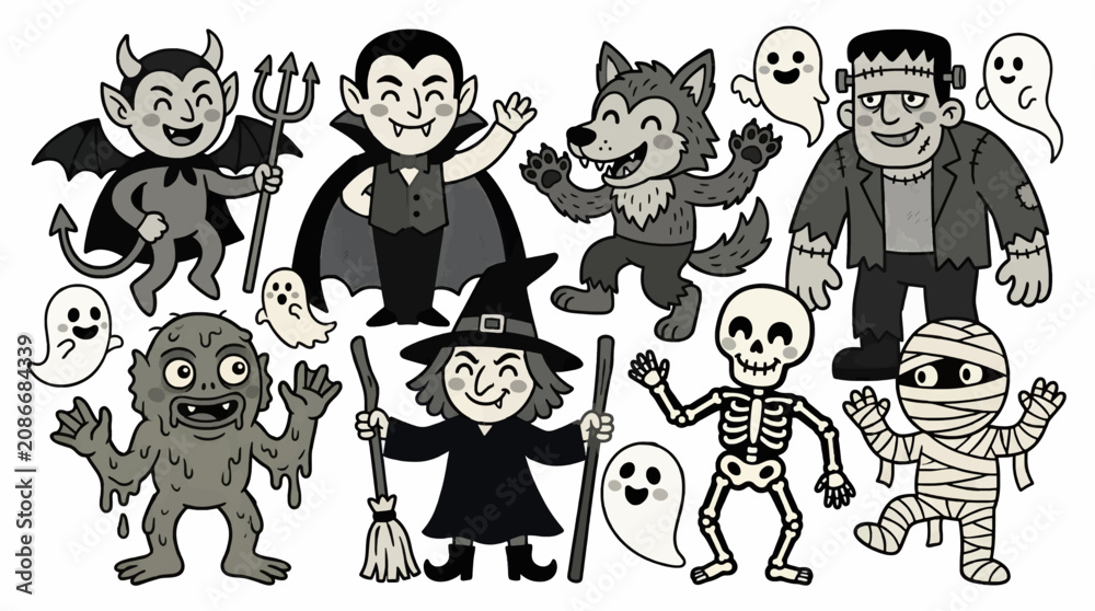 Obraz premium Playful Cartoon Halloween Characters Collection: Vampire, Werewolf, Zombie, Witch, Skeleton, Mummy, Devil, and Ghosts, Flat Design Vector Illustration