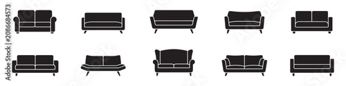 Sofa and couch icon set. Modern and classic living room furniture, comfortable upholstered double seats and armchairs. Vector illustration.