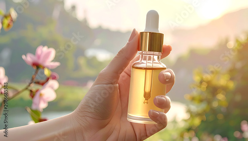 Hand Holding Dropper Glass Bottle of Essential Oil with Pink Flower and Sunlit Outdoor Background