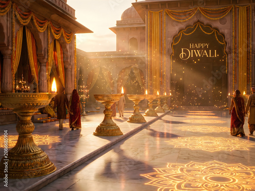 Traditional Courtyard Interior with Ornate Decor and Warm Sunlight at Dusk