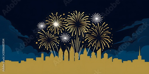 Stylized Gold and White Fireworks Exploding Above Silhouetted Cityscape at Night