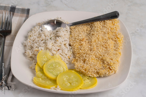 Konstfotografi baked haddock  with  summer squash and rice