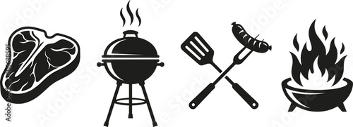 Barbecue BBQ Grill Silhouette Vector Set Featuring Raw T Bone Beef Steak Round Kettle Charcoal Smoker Crossed Spatula Fork with Sausage and Fire Flame Pit Symbols
