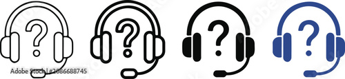 Headset icon with question mark in various style versions question customer operator communication assistance technical collection