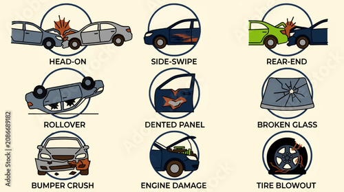 Konstfotografi Set of 9 Flat Vector Icons Illustrating Different Car Accident Types: Head-on, S