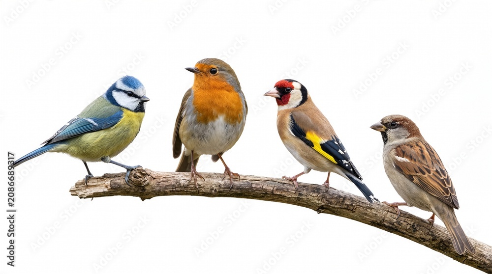 Fototapeta premium Colorful Songbirds Perched on a Tree Branch Isolated on White Background