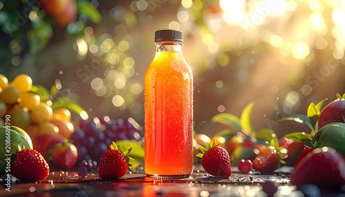 Glass Bottle of Fresh Natural Fruit Juice Surrounded by Strawberries Grapes and Citrus in Sunlight