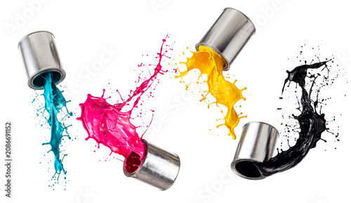 Four  open cans of cyan, magenta, yellow and black printing ink falling and splashing liquid color, isolated on white background. AI generated