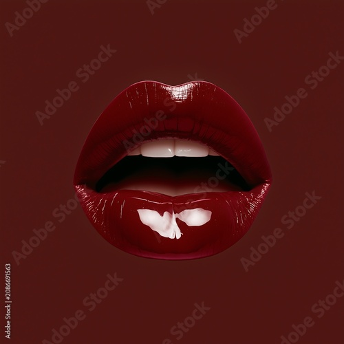 Bold red lips shine against a dark background