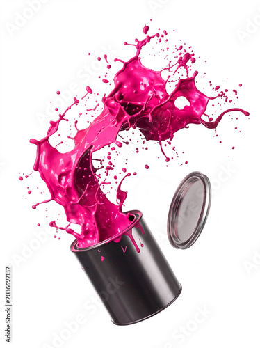 Pink paint splash evolving from falling paint can isolated on white background. AI generated.