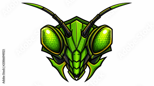 Canvastavla Close up illustration of a green praying mantis head.