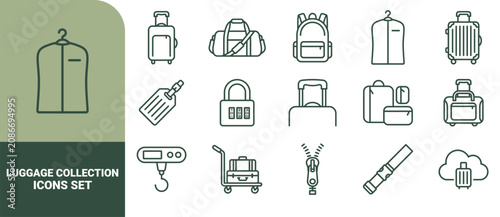 Foto Set of 15 outline travel luggage collection featuring suitcases, backpacks, garm