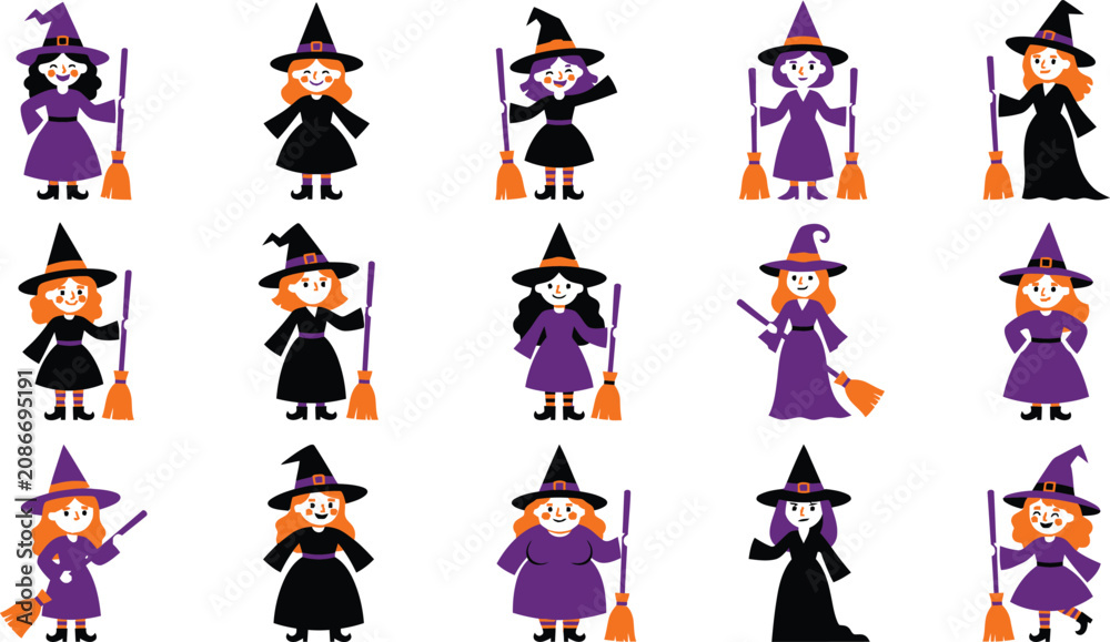 Obraz premium Collection of cartoon witch characters with brooms for halloween vector clipart set, halloween