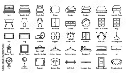 Φωτογραφία Bedroom Furniture Black Outline Vector Icon Set