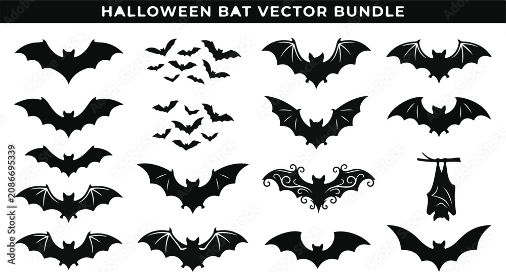 Fototapeta premium Halloween bat vector bundle black silhouette bat clipart for spooky decor