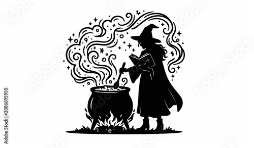 Fotografie Spooky Witch Cooking Magic Potion and Reading Spell Book Halloween Vector