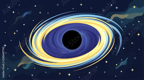Black Hole with Glowing Accretion Disk in Deep Space, Flat Design Vector Illustration of Cosmic Phenomenon with Swirling Indigo and Pale Yellow Light, Starry Galaxy Background with Nebula Clouds
