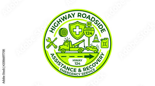 Fotografie Roadside Assistance & Recovery Service Logo - Tow Truck, Car, Highway