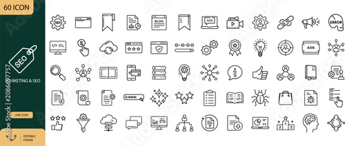 Marketing and SEO Line Icons Set, Search Engine Optimization and Digital Strategy Outline Symbols. Vector Illustration