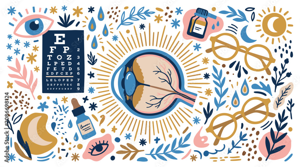 Fototapeta premium Eye health and vision care design icons with eye chart, glasses and iris for medical presentation in colorful illustration style