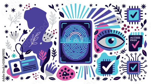 Security and biometrics design icons with fingerprint scanner, eye and access pass for dashboard design in modern vector art