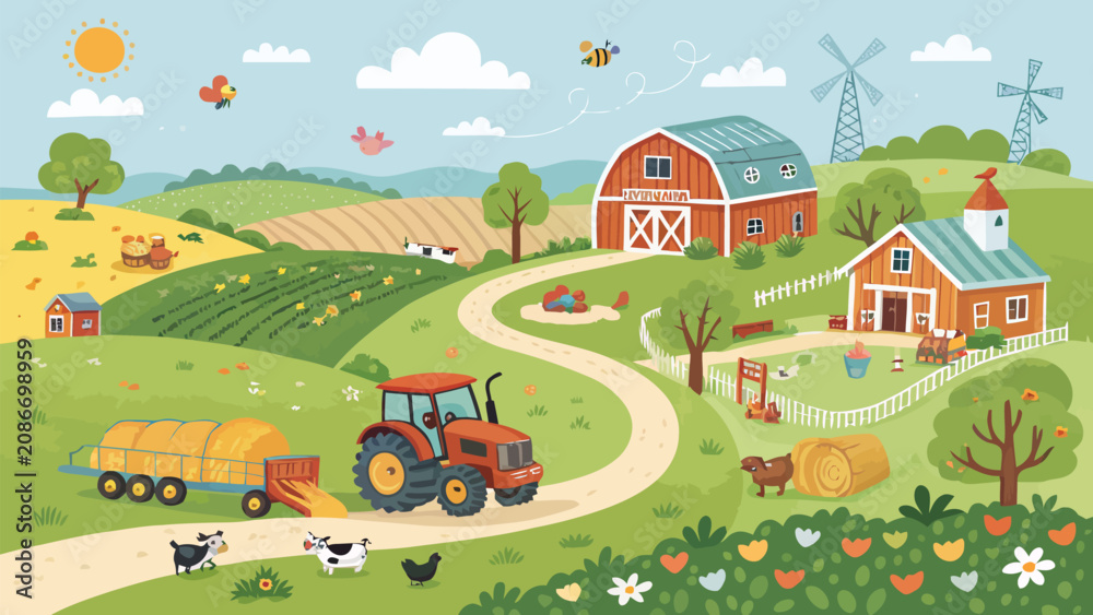 Fototapeta premium Vibrant illustrated children's farm scene with tractor animals and windmills under sunny sky with lush greenery under bright whimsical