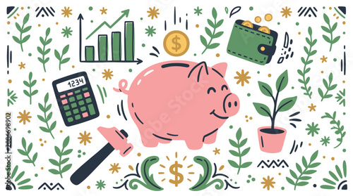 Finance and savings vector icons with piggy bank, wallet and calculator for mobile app design in colorful illustration
