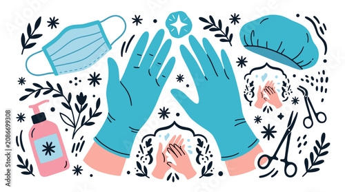 Hygiene and medical concept icons with gloves, face mask and sanitizer for healthcare presentation in minimal illustration style