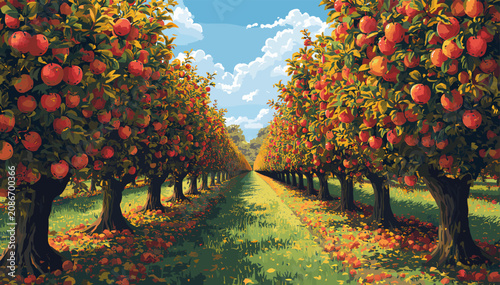 Bild auf Leinwand A picturesque apple orchard with rows of fruit-laden trees under a clear blue sky, showcasing ripe red apples and a grassy path stretching into the distance