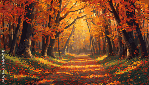 A picturesque autumn forest path bathed in warm sunlight, with vibrant orange and red leaves covering the trees and ground, creating a serene and inviting natural landscape.