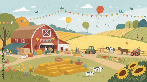 Vibrant harvest festival scene featuring decorated barn colorful balloons and rural celebration amidst golden fields with farm animals