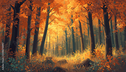 Vibrant autumn forest scene with glowing orange and yellow leaves and a sunlit path.