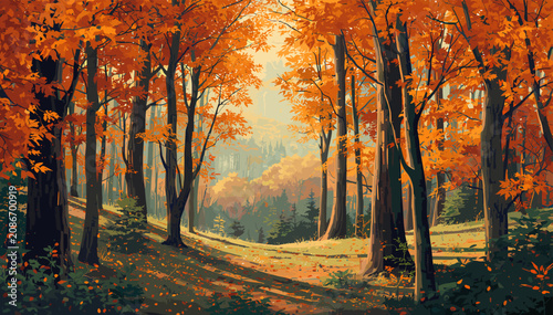 Billede på lærred Vibrant autumn forest scene with a sunlit path winding through trees ablaze with orange and yellow foliage