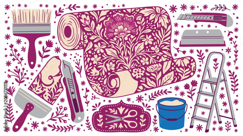 Wallpaper and home renovation concept icons with paintbrush, wallpaper roll and ladder for presentation design in flat vector art
