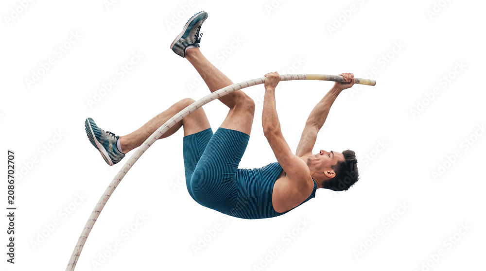 Obraz premium Male athlete performing pole vault jump mid-air with pole in athletic competition PNG Isolated on transparent background