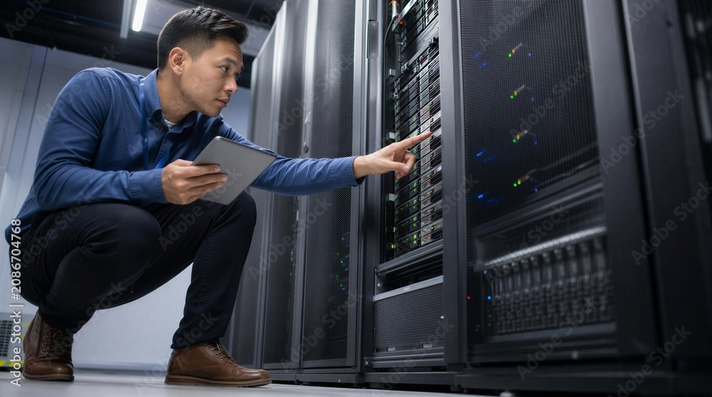 Fototapeta premium IT technician inspecting server rack in data center