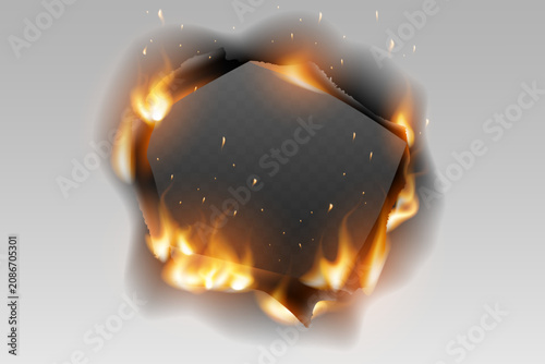 Fotografie Burnt paper creating a fiery frame over dark background with glowing sparks and