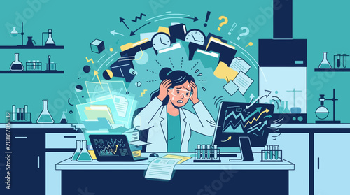 Stressed Scientist Overwhelmed by Workload in Lab
