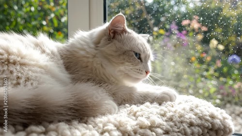 Beautiful fluffy ragdoll cat resting comfortably on a soft cushion by a sunny window, watching the garden outside. Peaceful pet lifestyle scene with natural light.