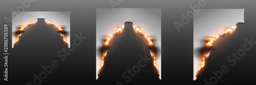 Canvas-taulu Collection of burning white paper sheets with fiery edges on a transparent backg