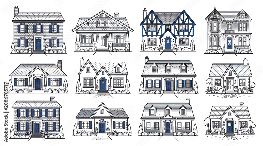 Fototapeta premium Collection of Hand-Drawn Suburban Houses, Diverse Architectural Styles